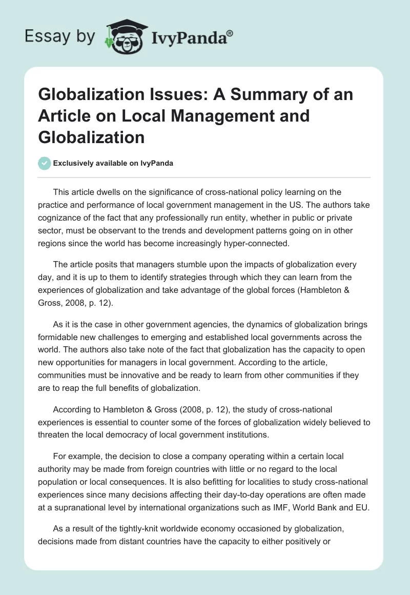 Globalization Issues: A Summary of an Article on Local Management and Globalization. Page 1