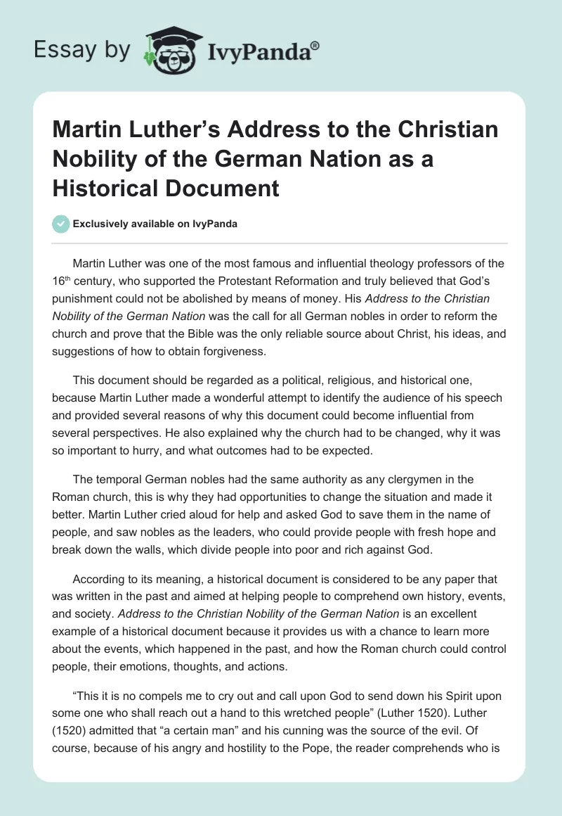 Martin Luther’s Address to the Christian Nobility of the German Nation as a Historical Document. Page 1