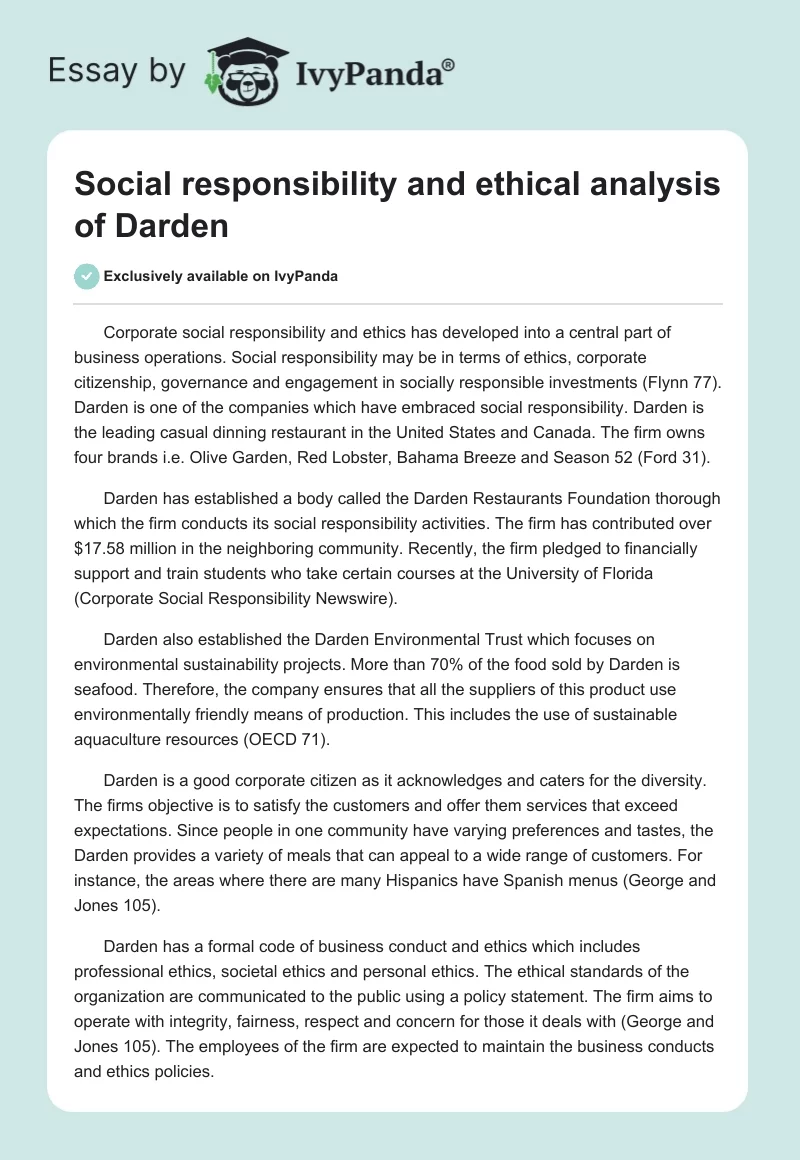 Social responsibility and ethical analysis of Darden. Page 1