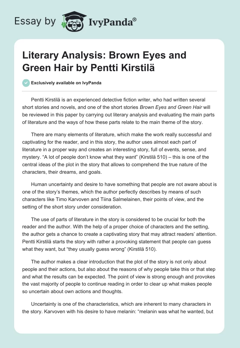 Literary Analysis: Brown Eyes and Green Hair by Pentti Kirstilä. Page 1