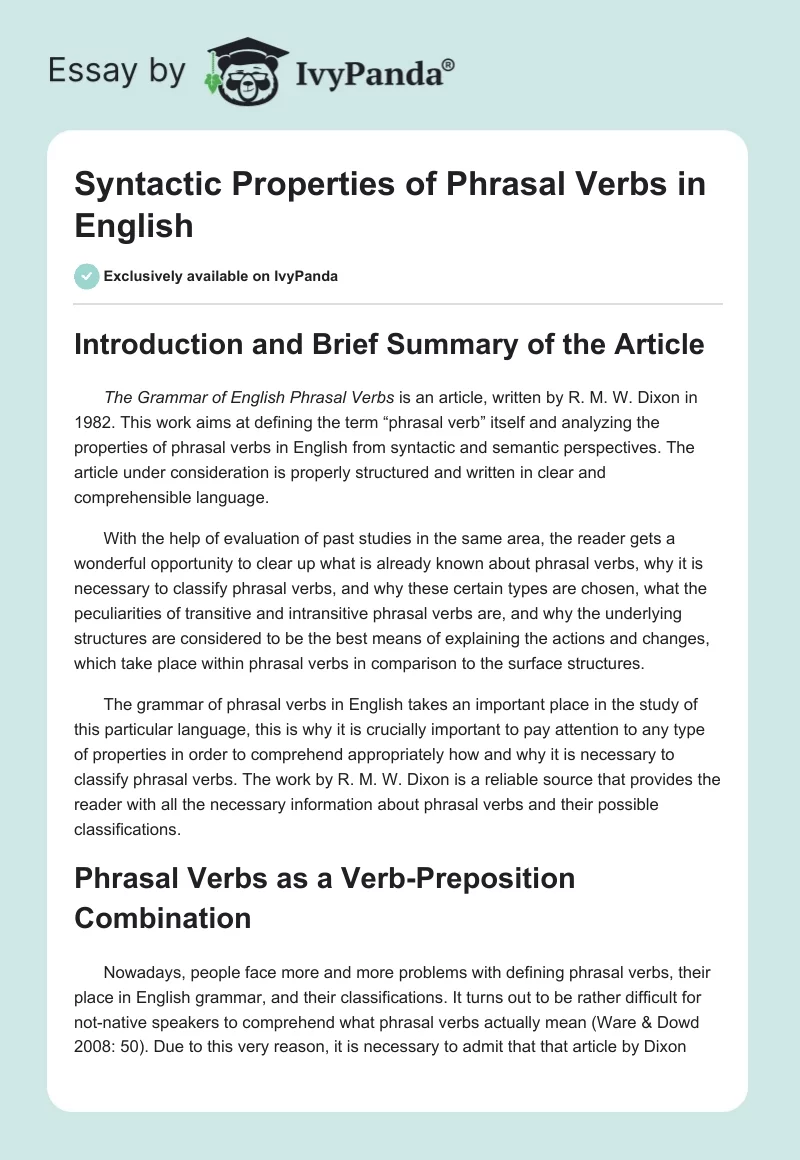 Syntactic Properties of Phrasal Verbs in English. Page 1