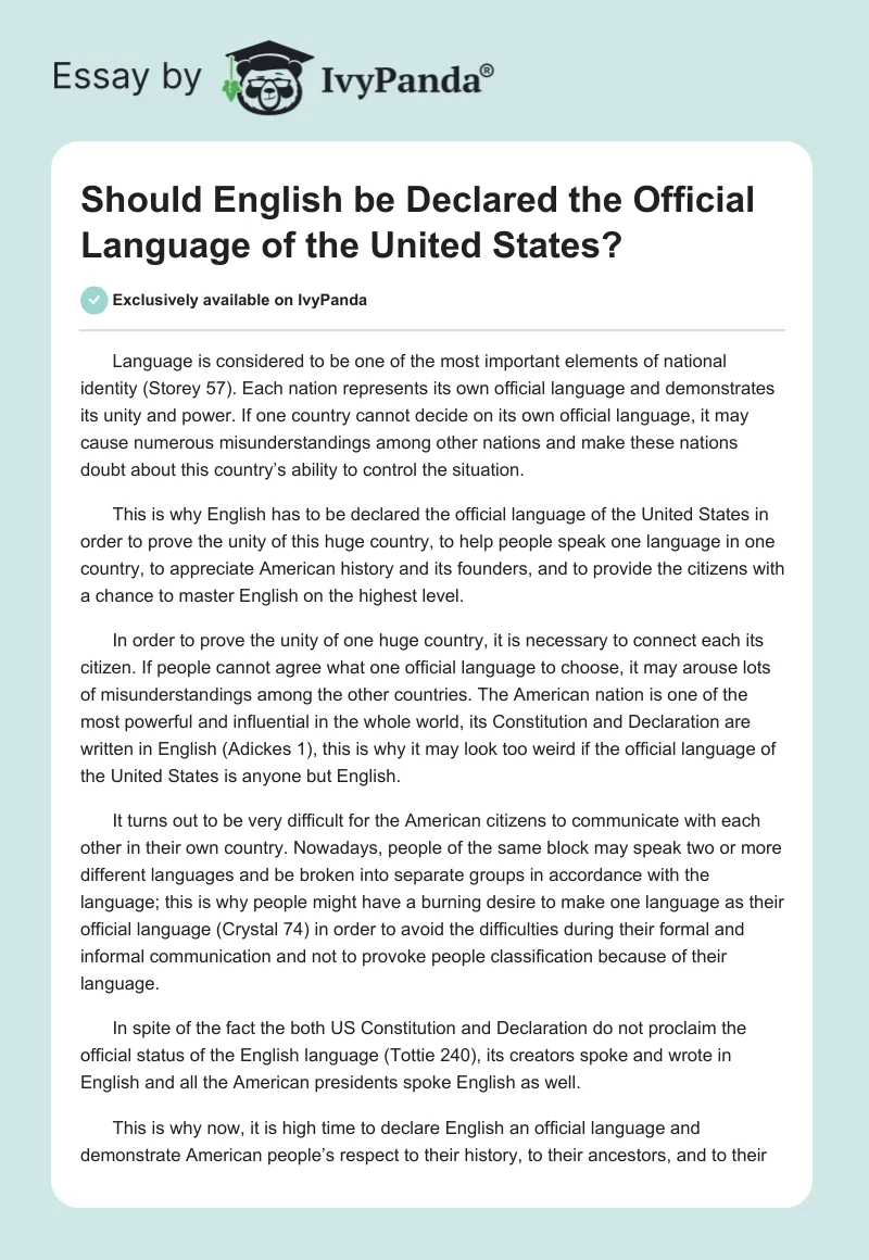 Should English be Declared the Official Language of the United States?. Page 1