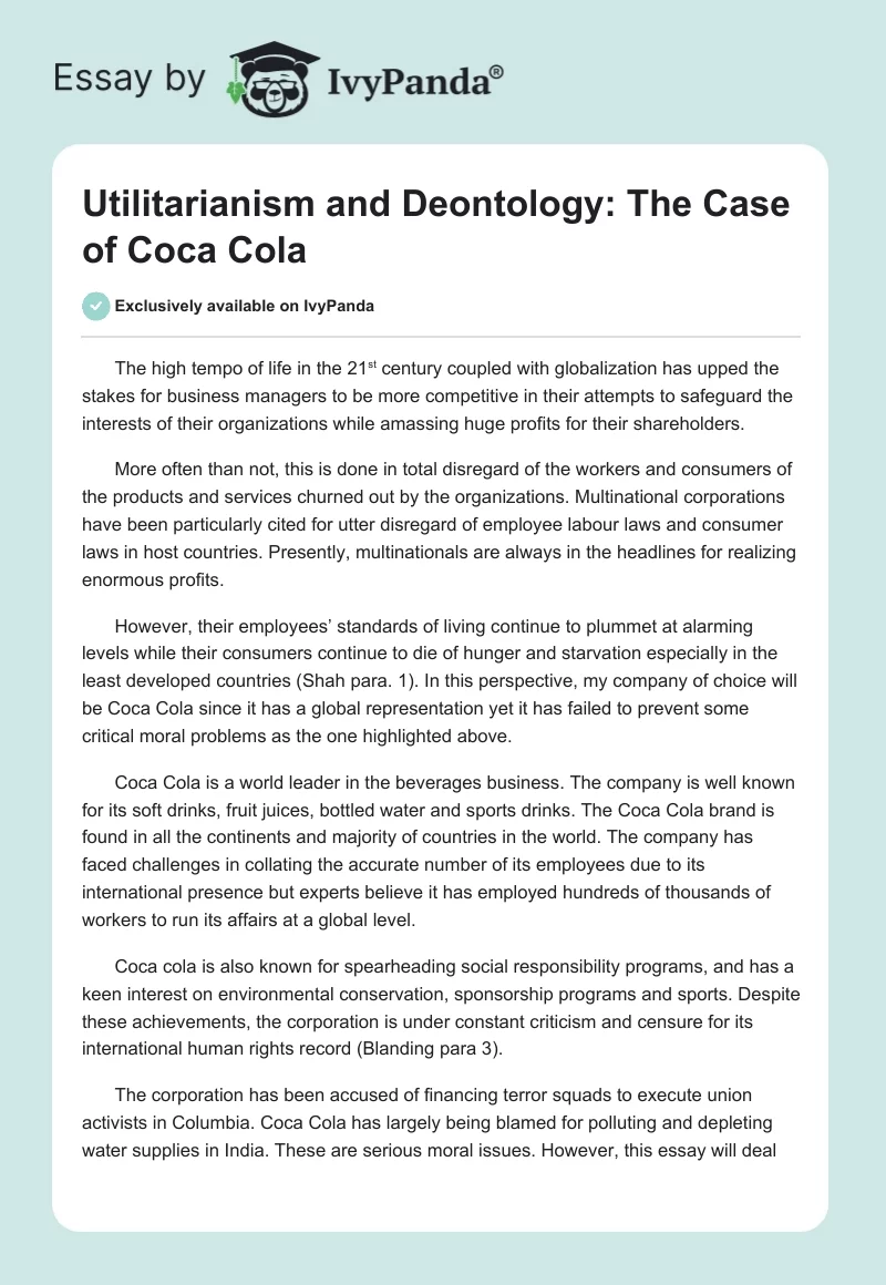 Utilitarianism and Deontology: The Case of Coca-Cola. Page 1