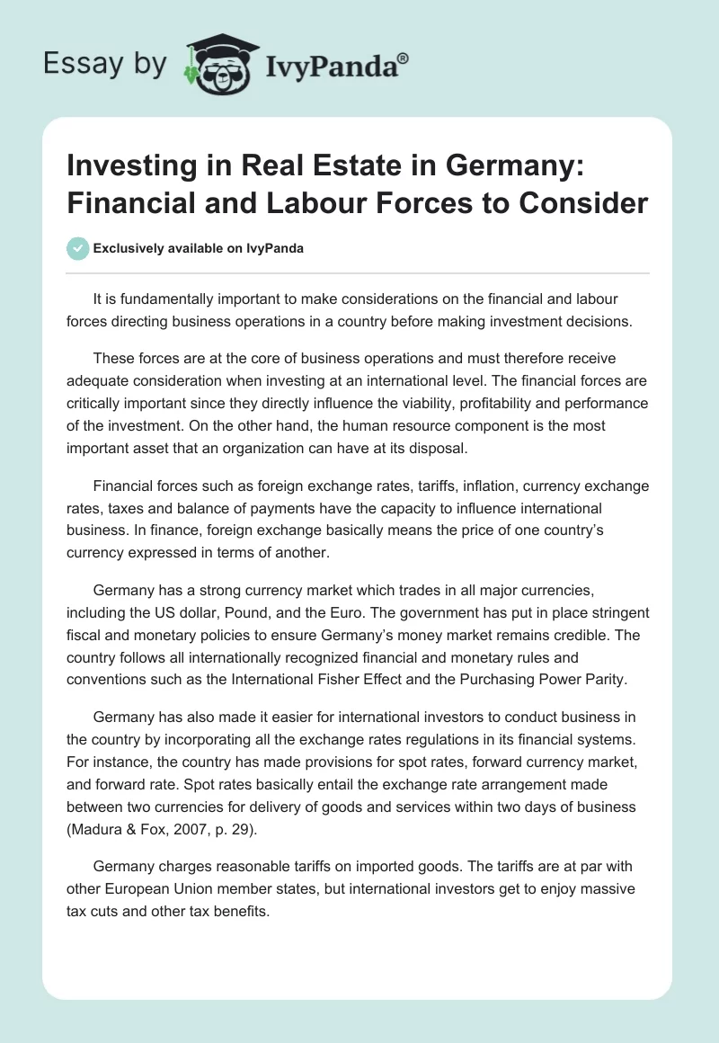 Investing in Real Estate in Germany: Financial and Labour Forces to Consider. Page 1