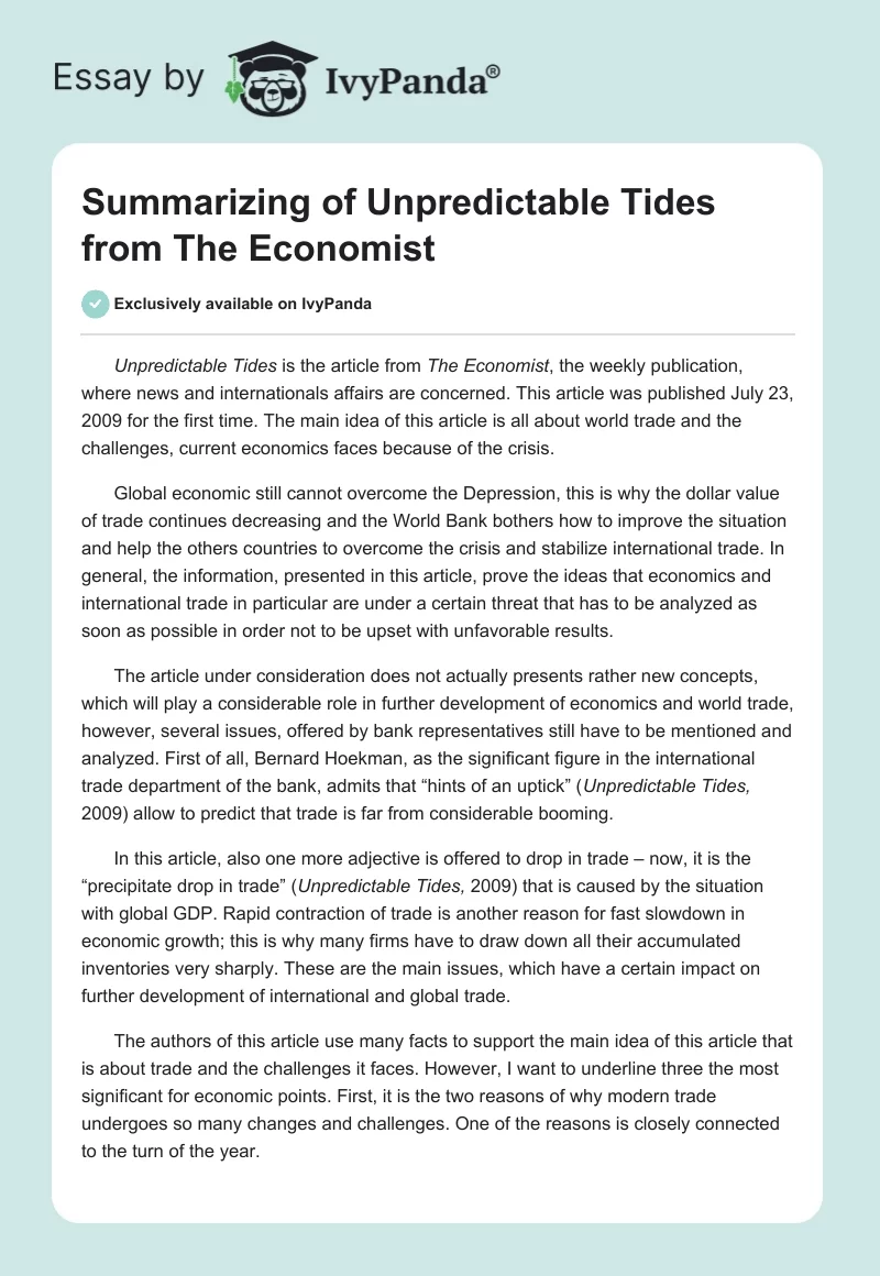 Summarizing of "Unpredictable Tides" from The Economist. Page 1