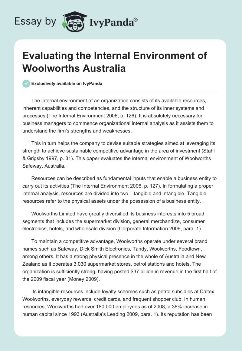 Evaluating the Internal Environment of Woolworths Australia. Page 1