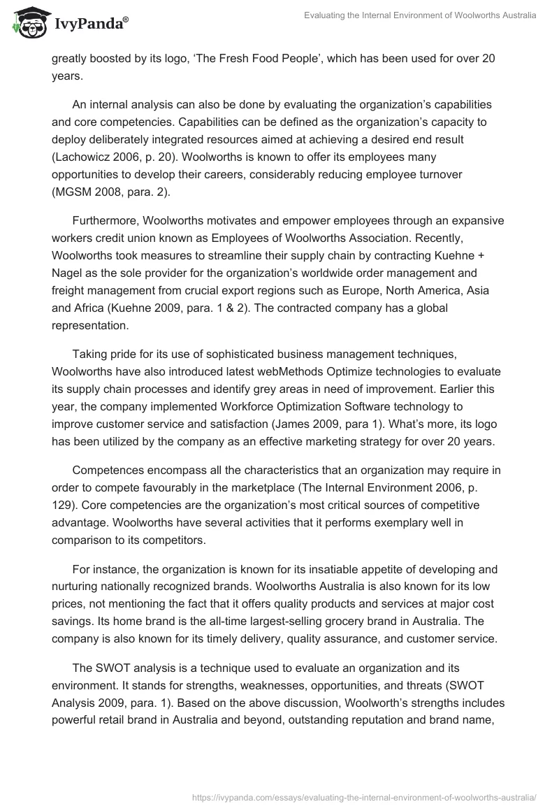 Evaluating the Internal Environment of Woolworths Australia. Page 2