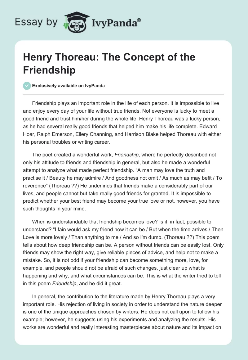 Henry Thoreau: The Concept of the Friendship. Page 1