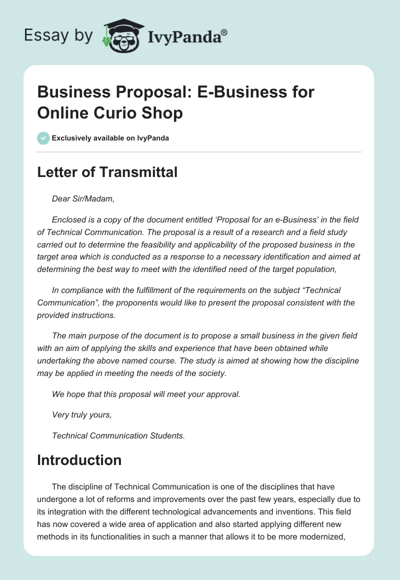 Business Proposal: E-Business for Online Curio Shop. Page 1
