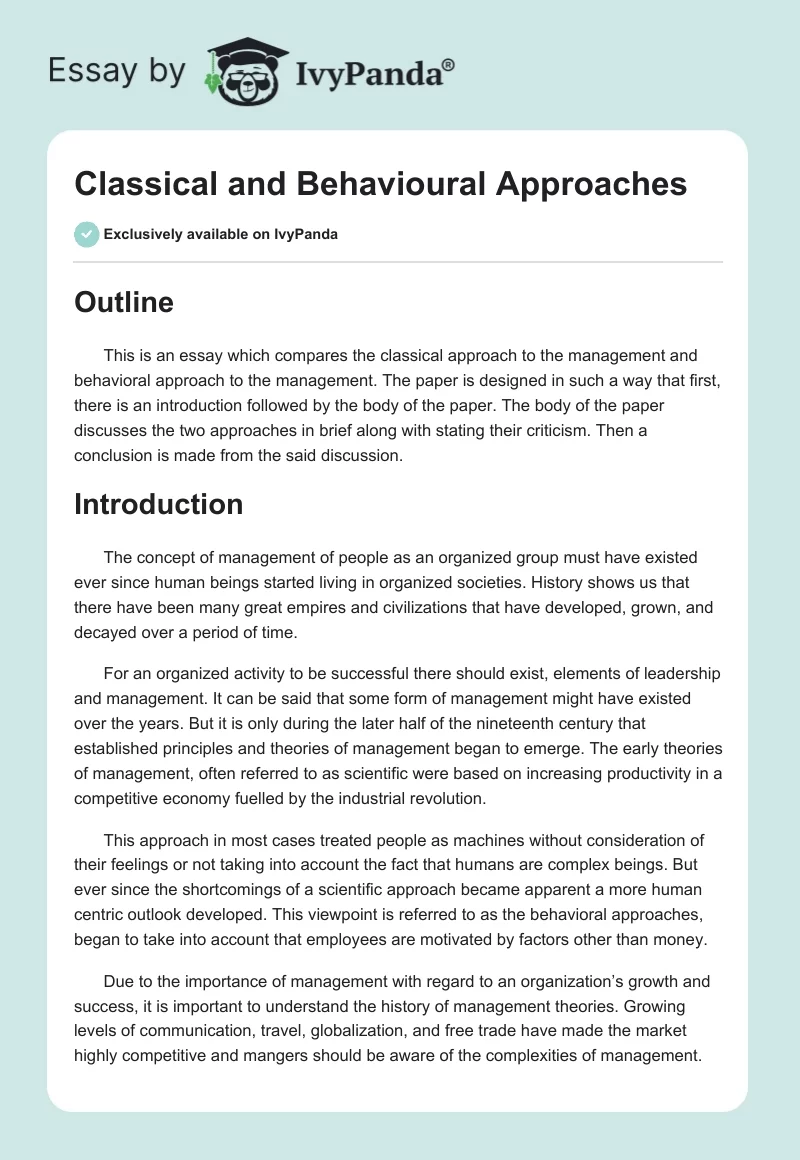 Classical and Behavioural Approaches. Page 1