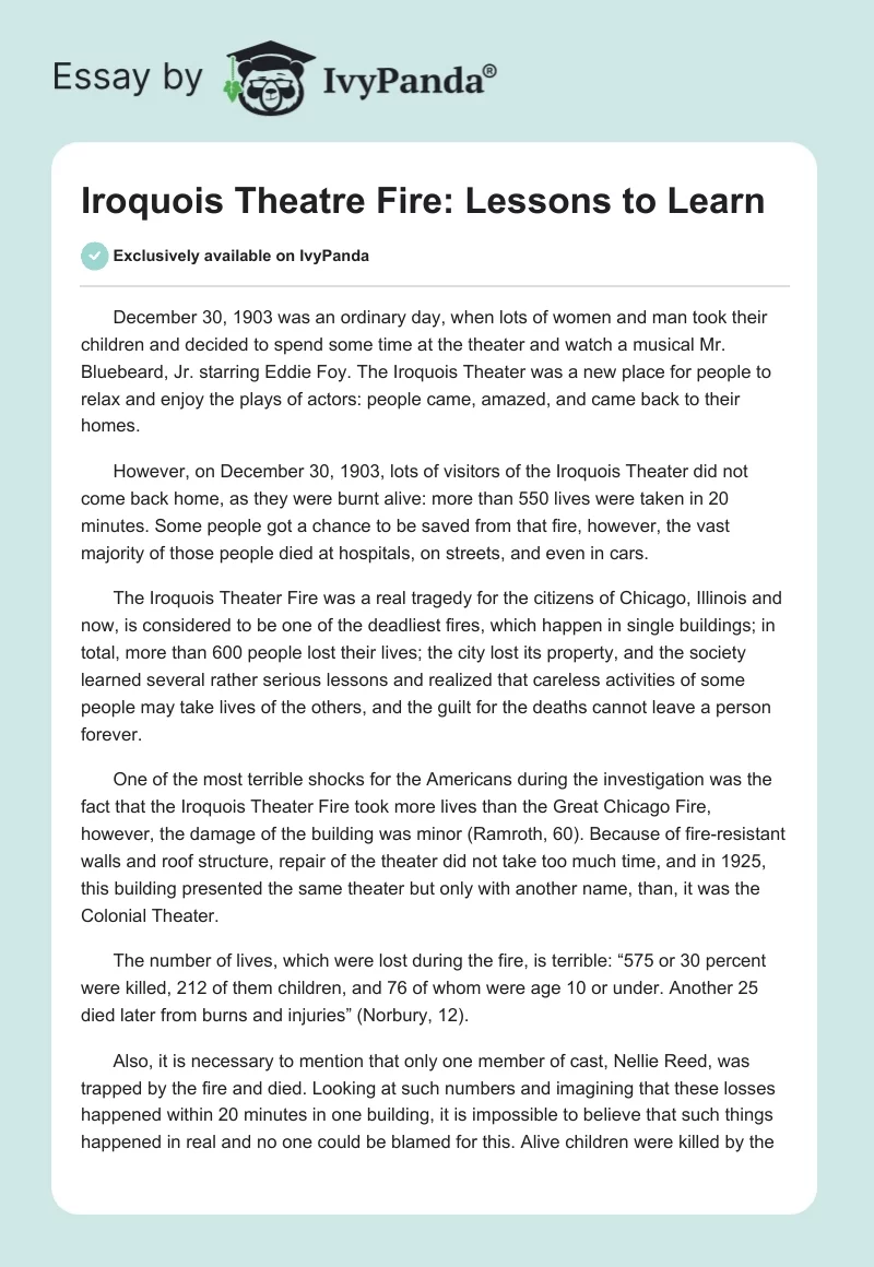 Iroquois Theatre Fire: Lessons to Learn. Page 1