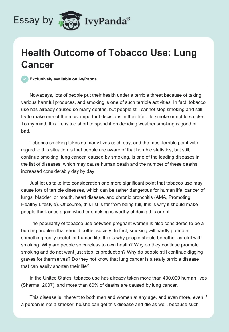 Health Outcome of Tobacco Use: Lung Cancer. Page 1