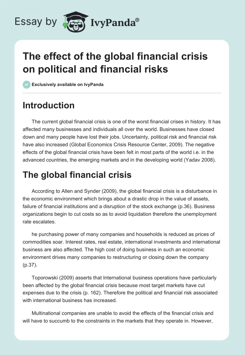 The effect of the global financial crisis on political and financial risks. Page 1