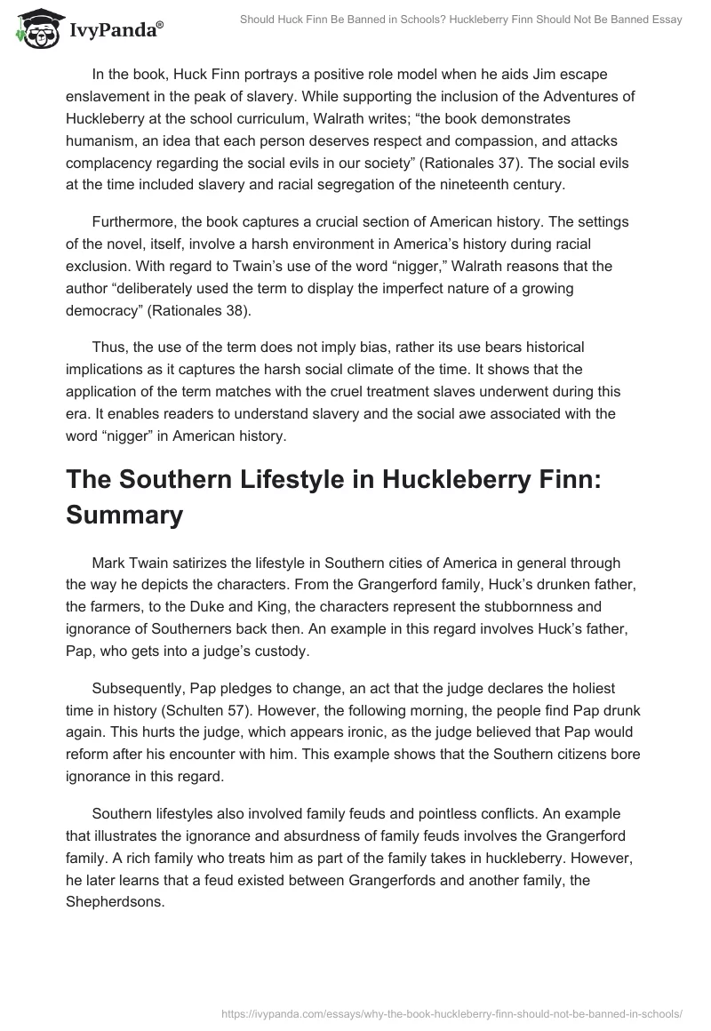 Should Huck Finn Be Banned in Schools? Huckleberry Finn Should Not Be Banned Essay. Page 4