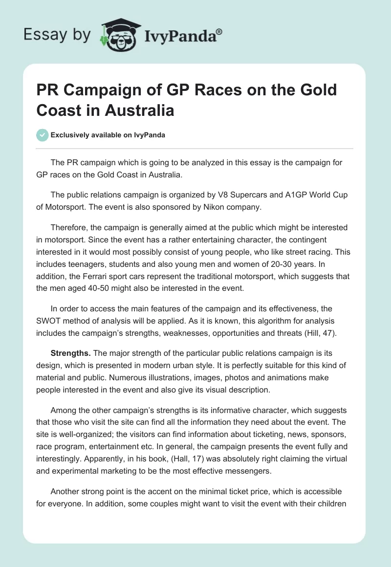 PR Campaign of GP Races on the Gold Coast in Australia. Page 1