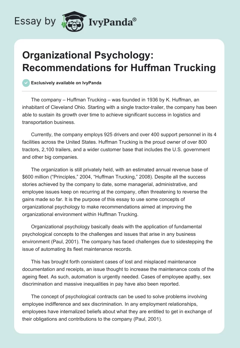 Organizational Psychology: Recommendations for Huffman Trucking. Page 1