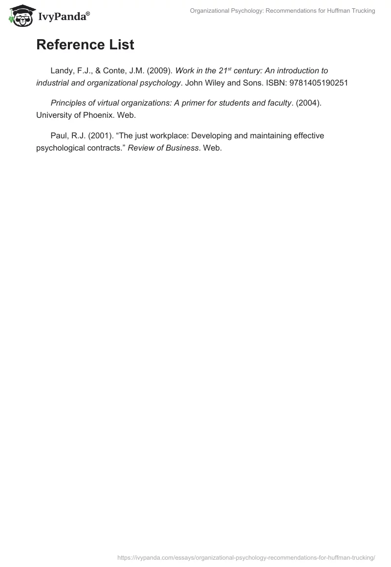 Organizational Psychology: Recommendations for Huffman Trucking. Page 3