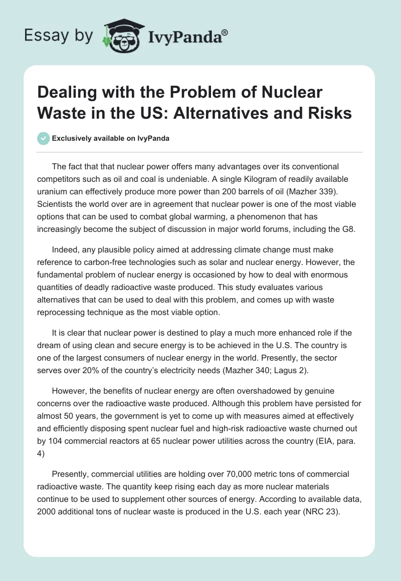 Dealing with the Problem of Nuclear Waste in the US: Alternatives and Risks. Page 1