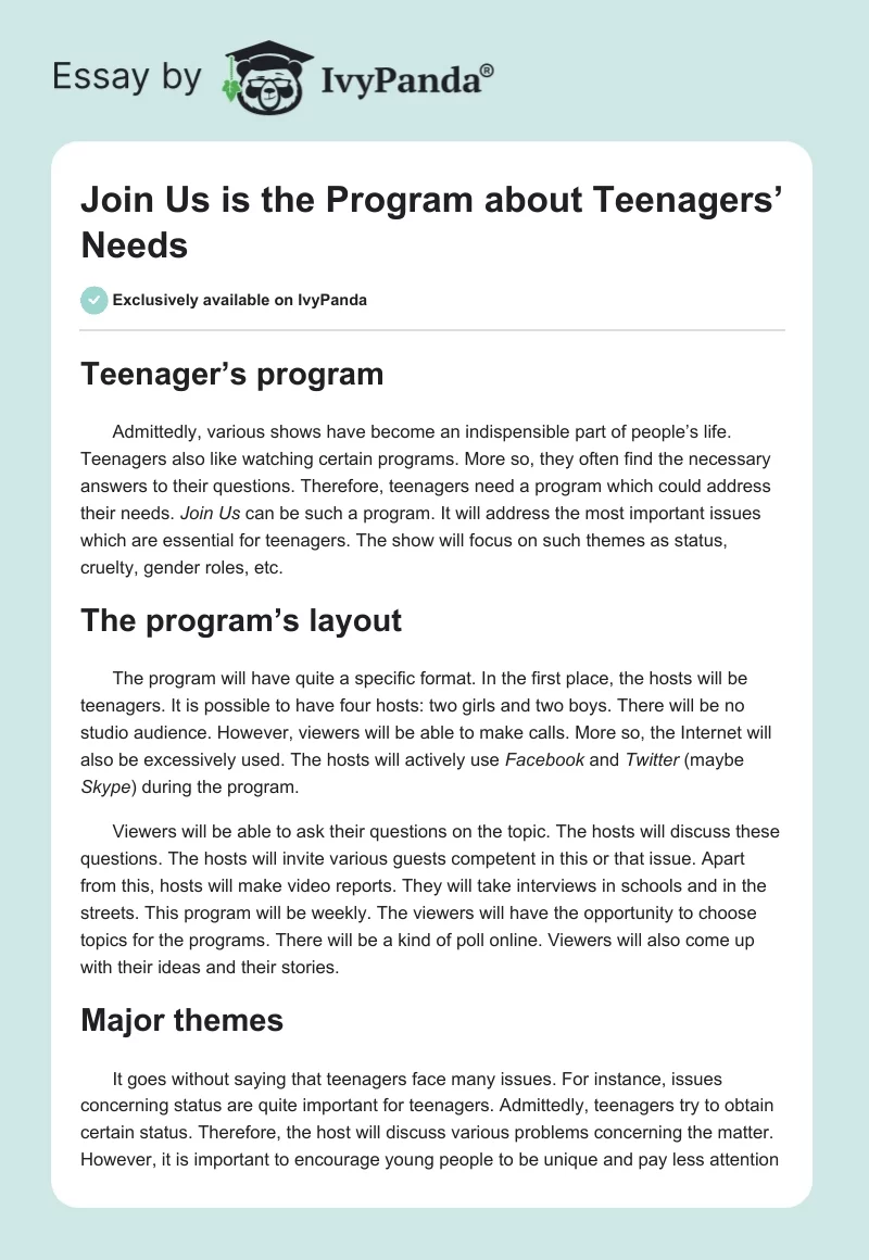 Join Us is the Program about Teenagers’ Needs. Page 1