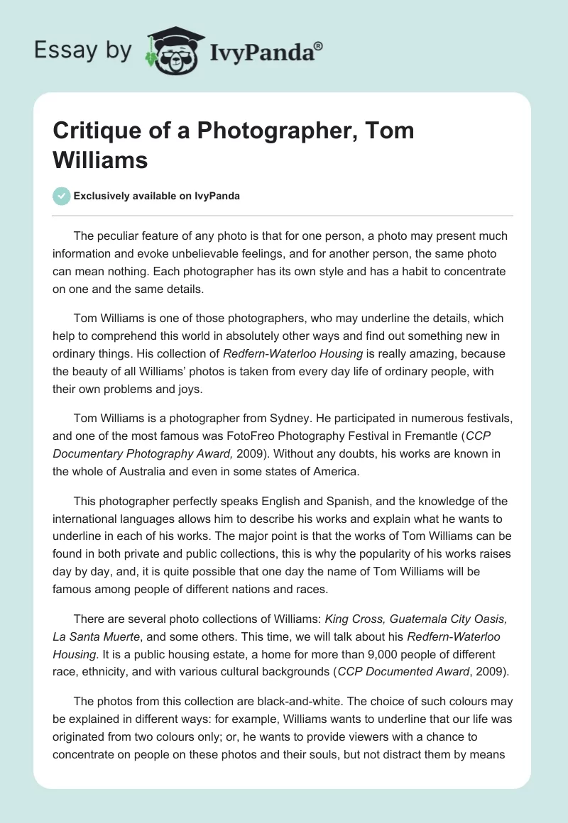 Critique of a Photographer, Tom Williams. Page 1