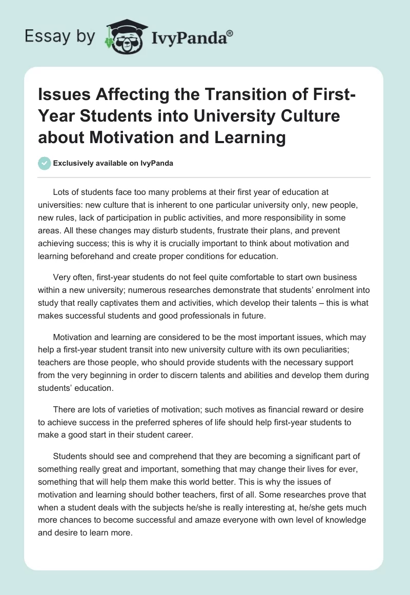 Issues Affecting the Transition of First-Year Students Into University Culture About Motivation and Learning. Page 1