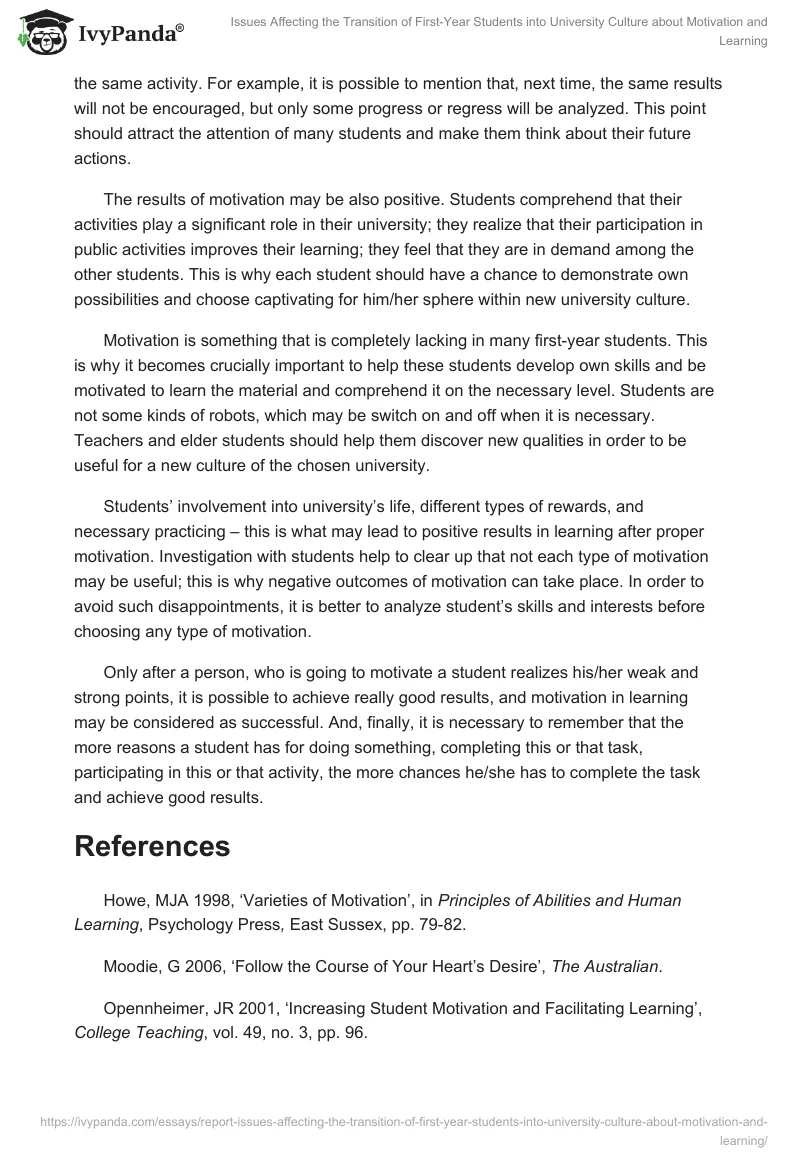 Issues Affecting the Transition of First-Year Students Into University Culture About Motivation and Learning. Page 3