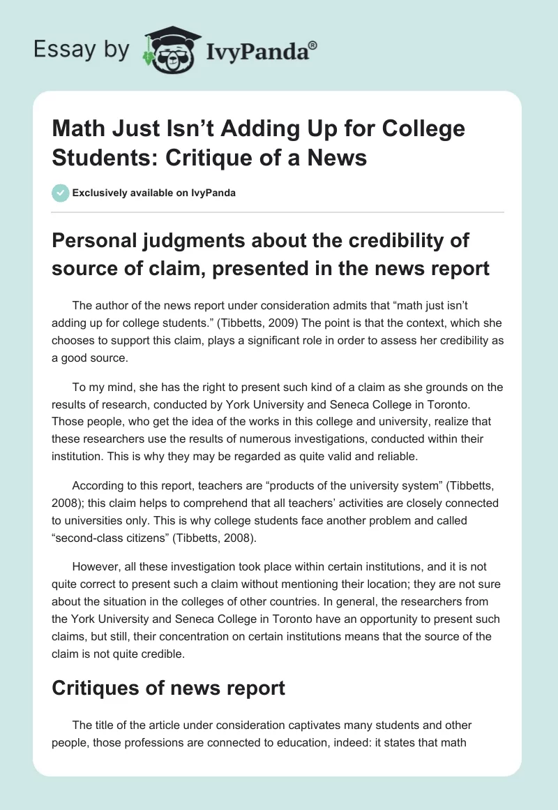 Math Just Isn’t Adding Up for College Students: Critique of a News. Page 1