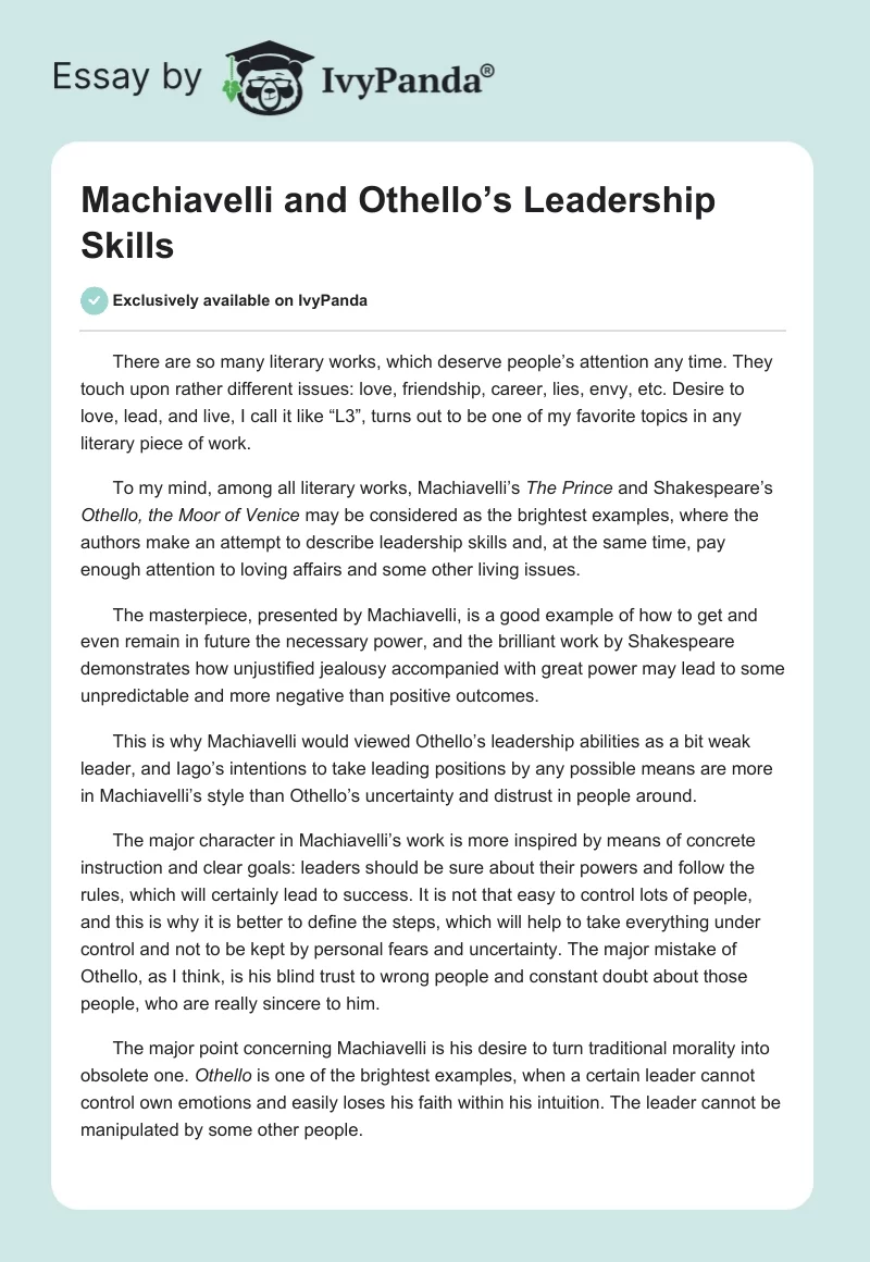 Machiavelli and Othello’s Leadership Skills. Page 1