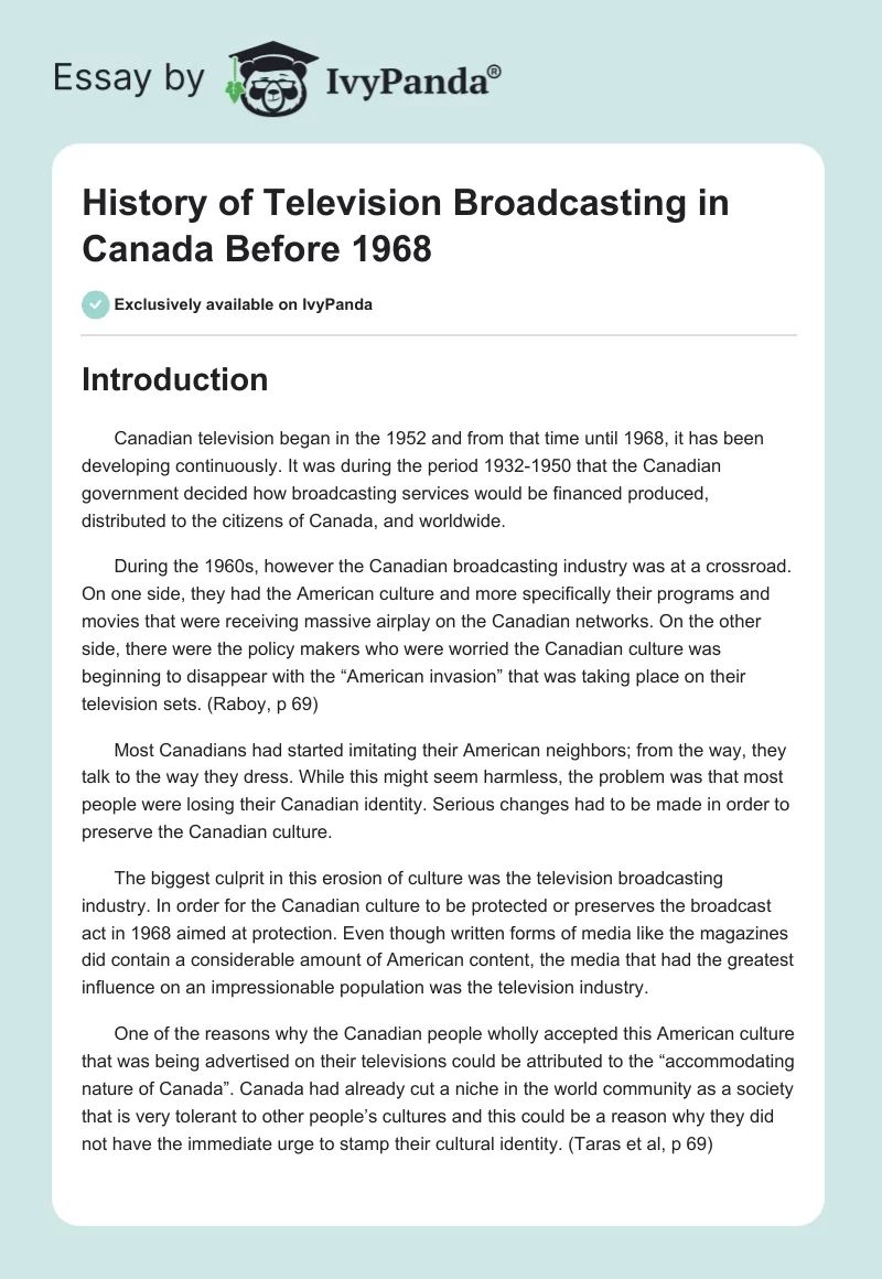 History of Television Broadcasting in Canada Before 1968. Page 1