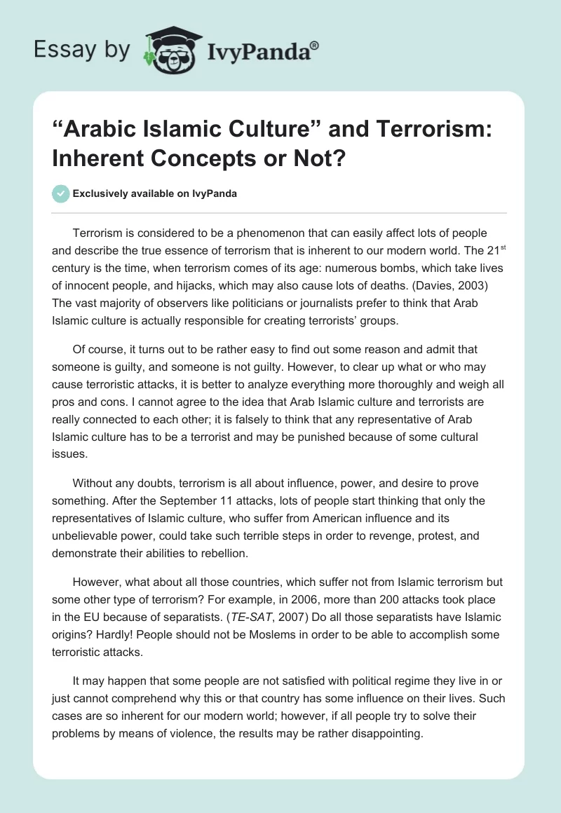 “Arabic Islamic Culture” and Terrorism: Inherent Concepts or Not?. Page 1