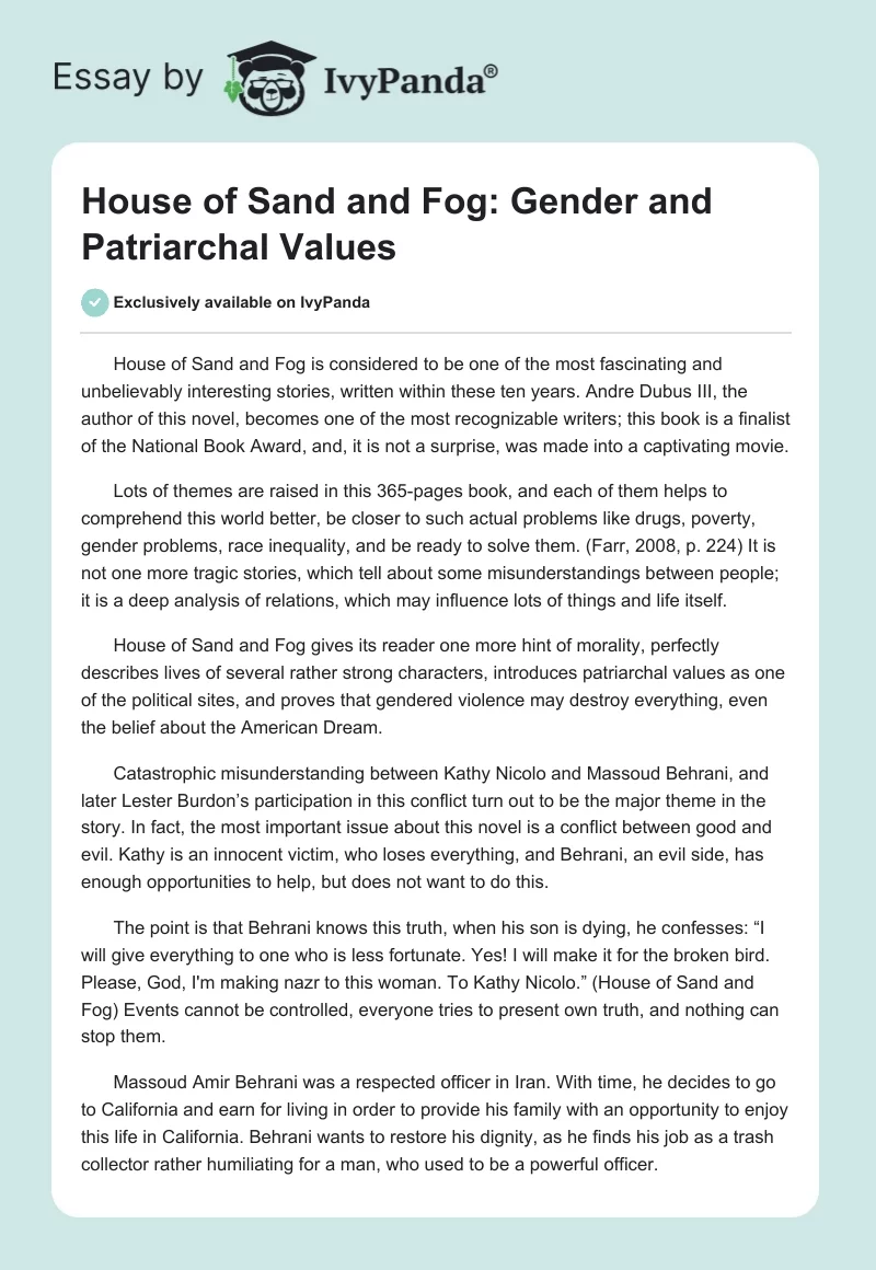 House of Sand and Fog: Gender and Patriarchal Values. Page 1