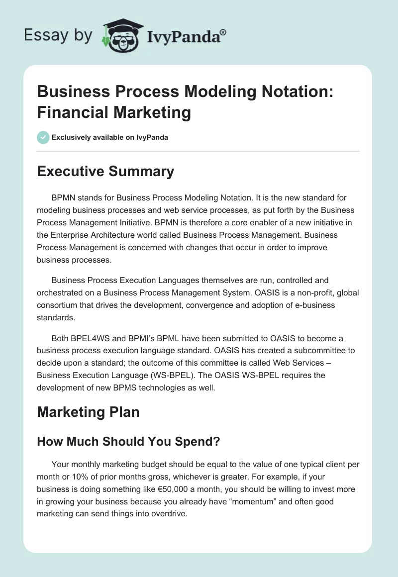 Business Process Modeling Notation: Financial Marketing. Page 1