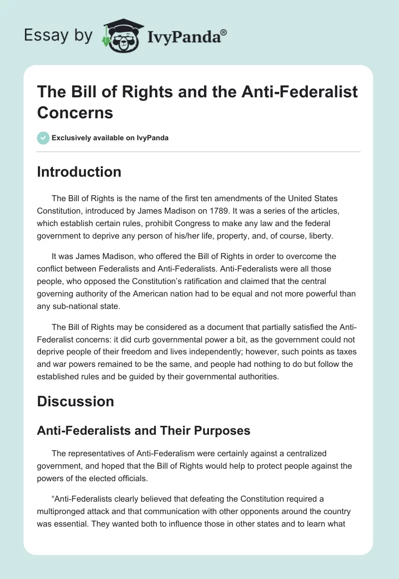 The Bill of Rights and the Anti-Federalist Concerns. Page 1