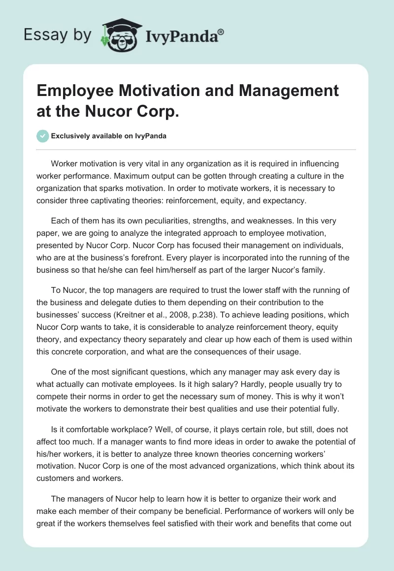 Employee Motivation and Management at the Nucor Corp.. Page 1