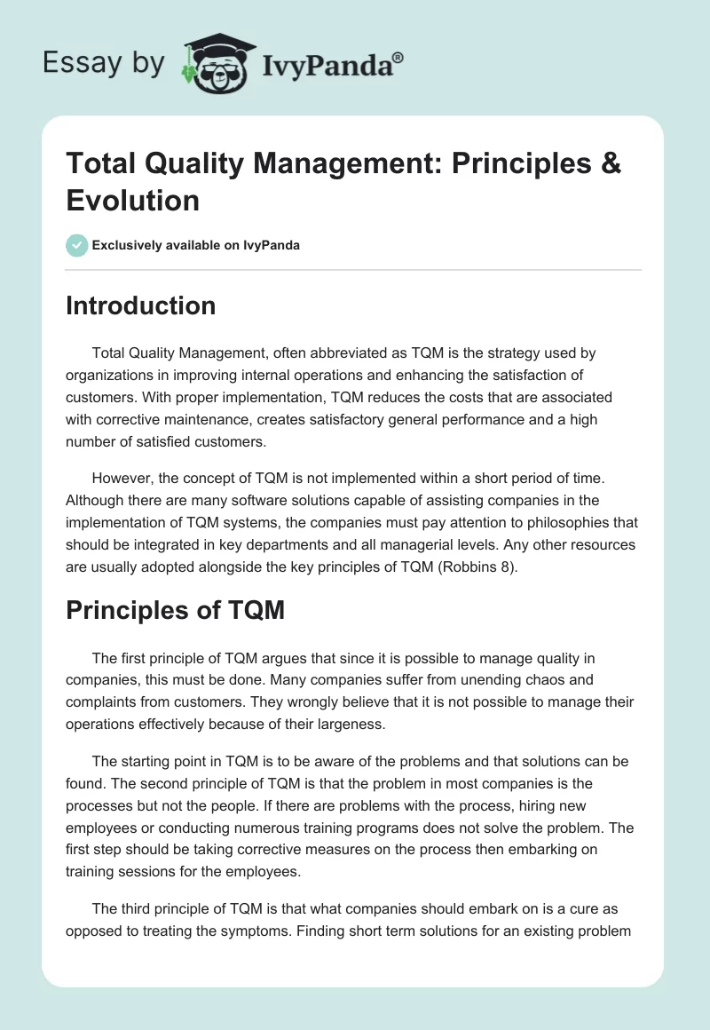 Principles & Concept of Total Quality Management Essay. Page 1