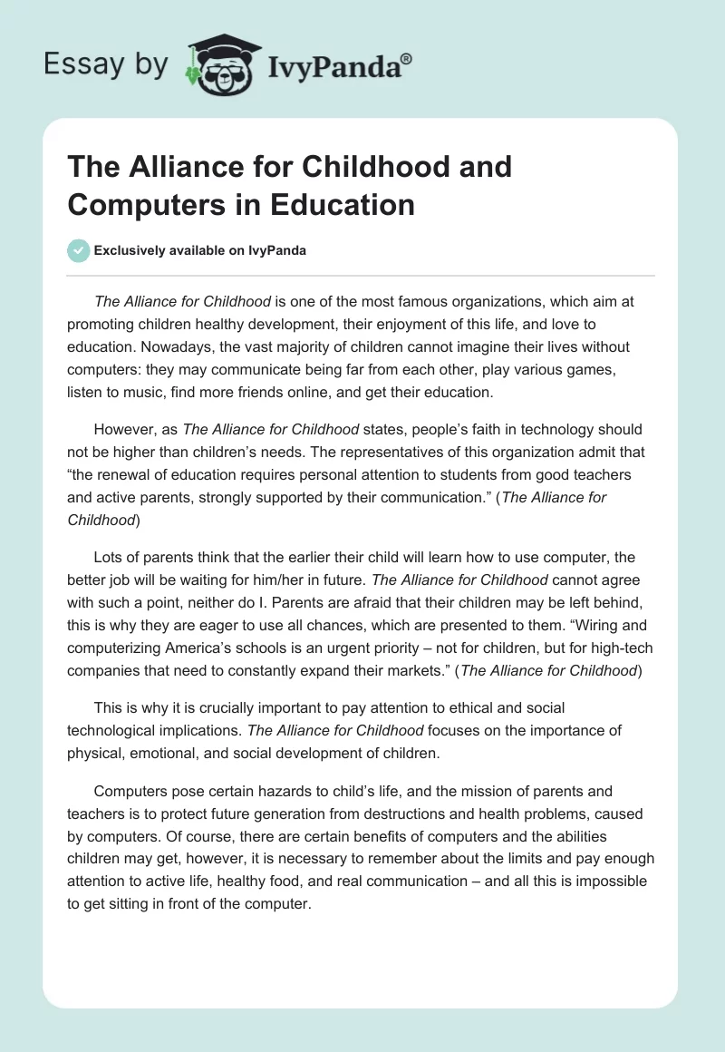 The Alliance for Childhood and Computers in Education. Page 1