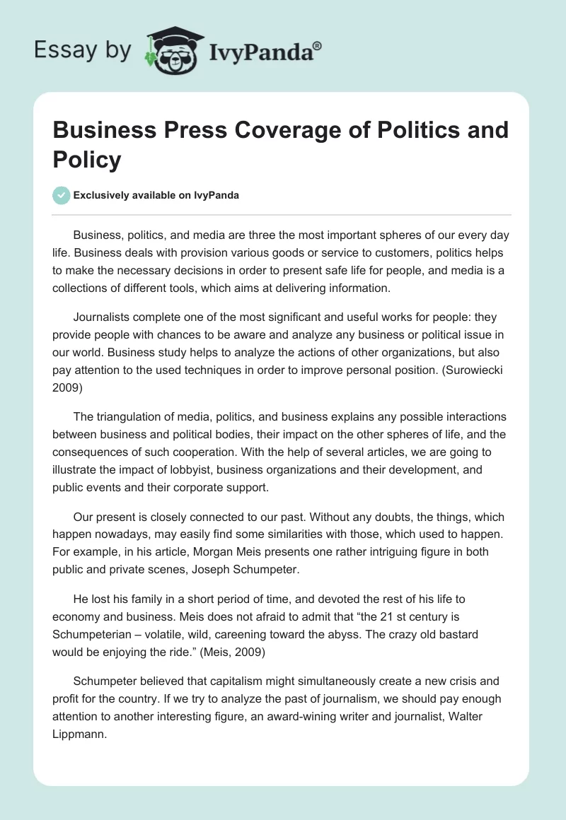 Business Press Coverage of Politics and Policy. Page 1