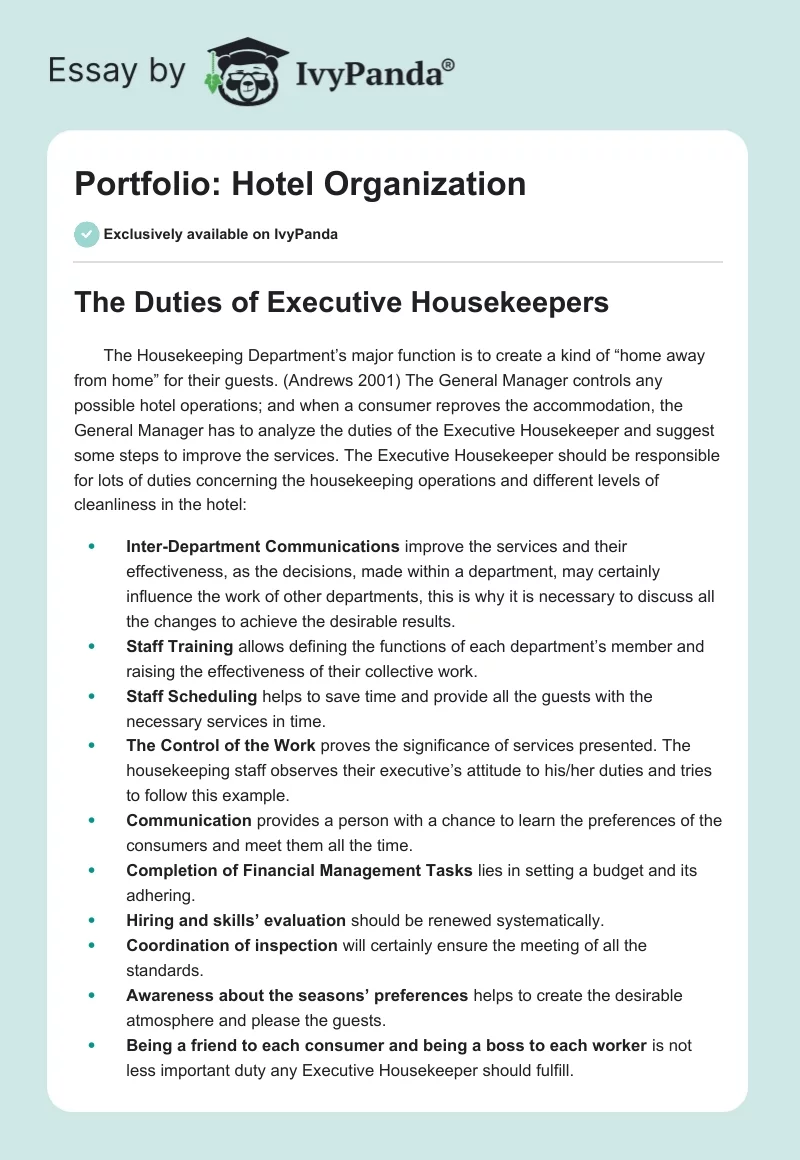 Portfolio: Hotel Organization. Page 1