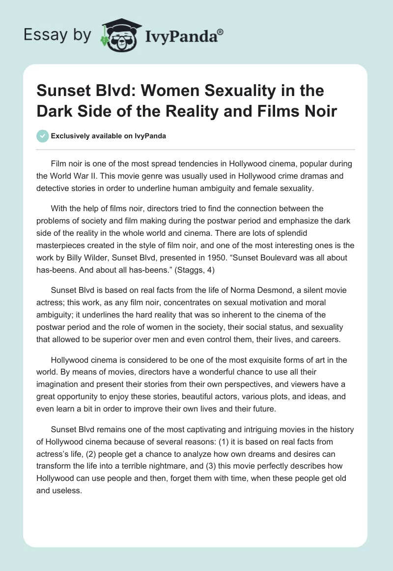 Sunset Blvd: Women Sexuality in the Dark Side of the Reality and Films Noir. Page 1