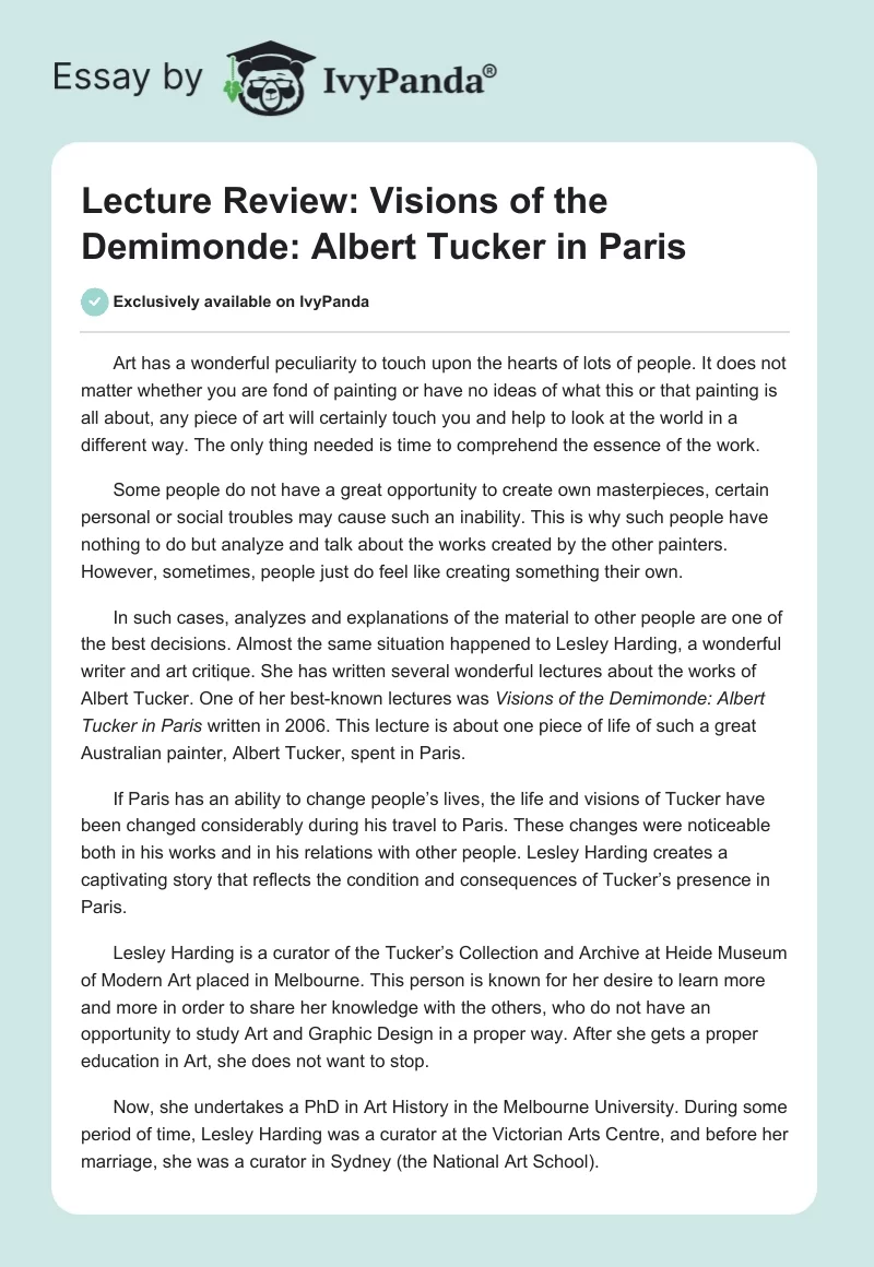 Lecture Review: Visions of the Demimonde: Albert Tucker in Paris. Page 1