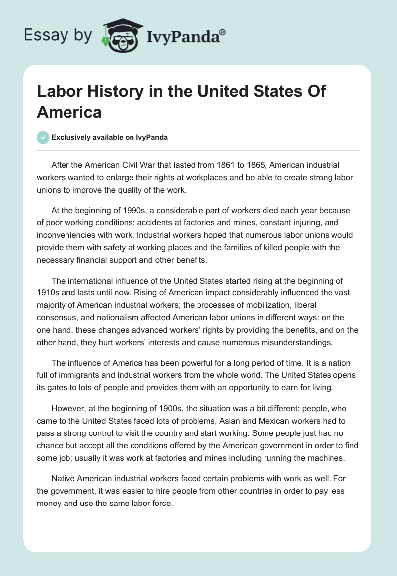 Labor History in the United States Of America. Page 1