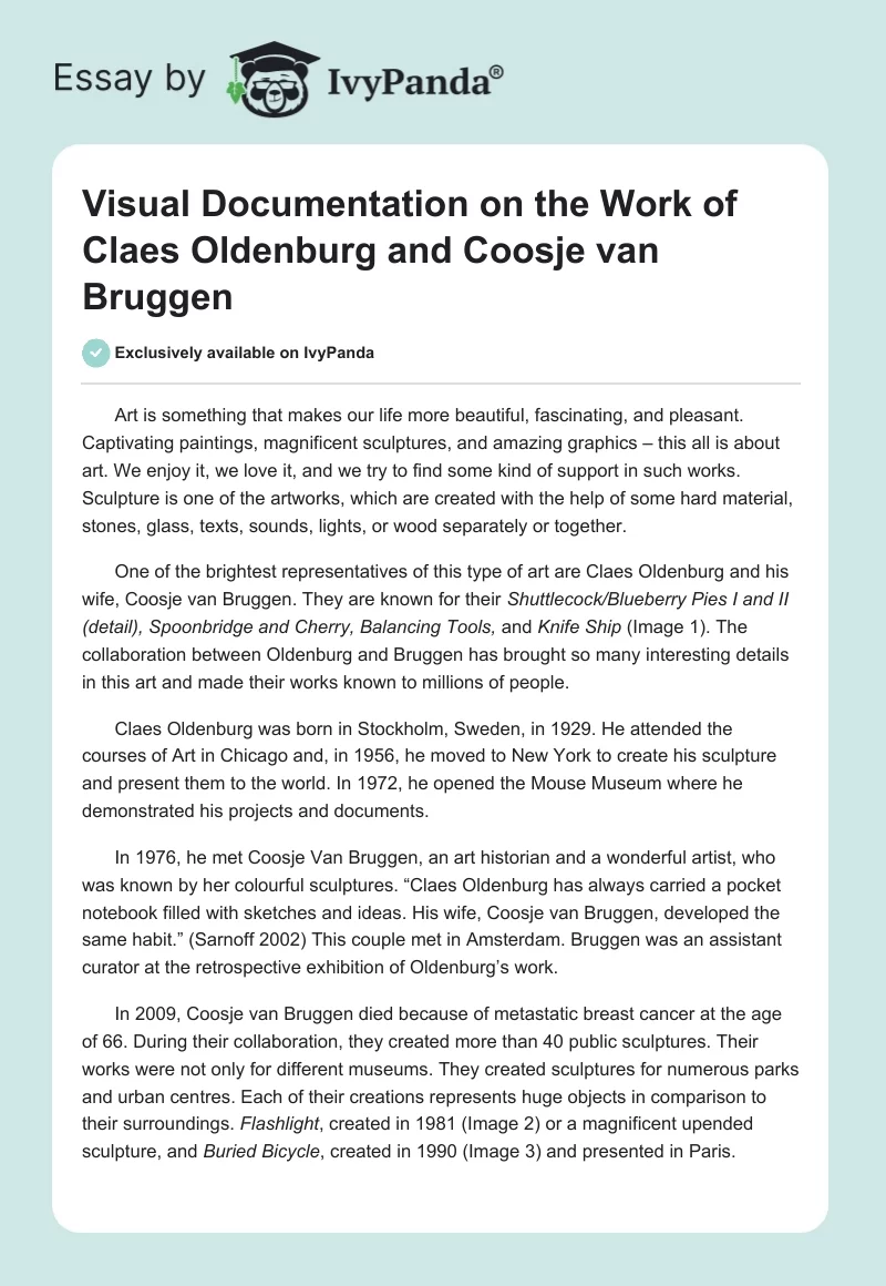 Visual Documentation on the Work of Claes Oldenburg and Coosje van Bruggen. Page 1