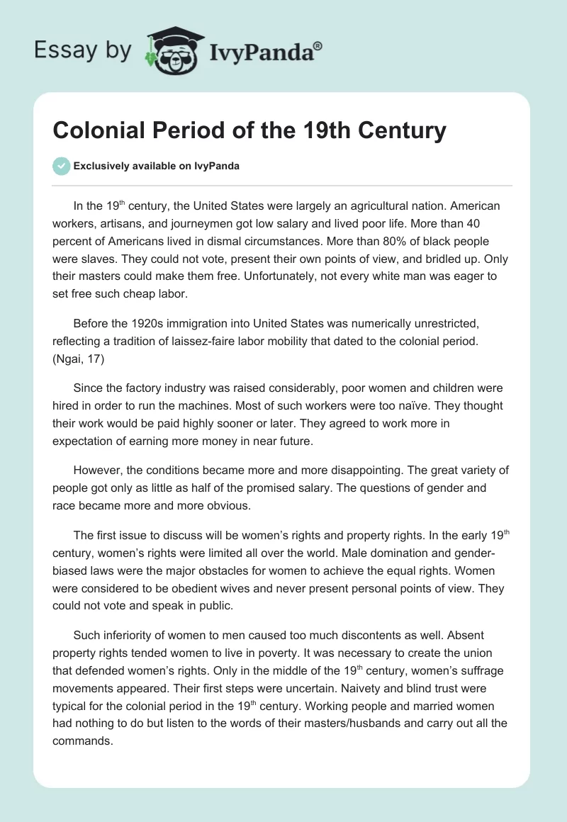 Colonial Period of the 19th Century. Page 1