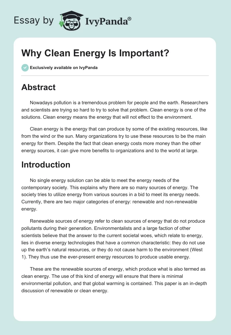 Why Clean Energy Is Important?. Page 1
