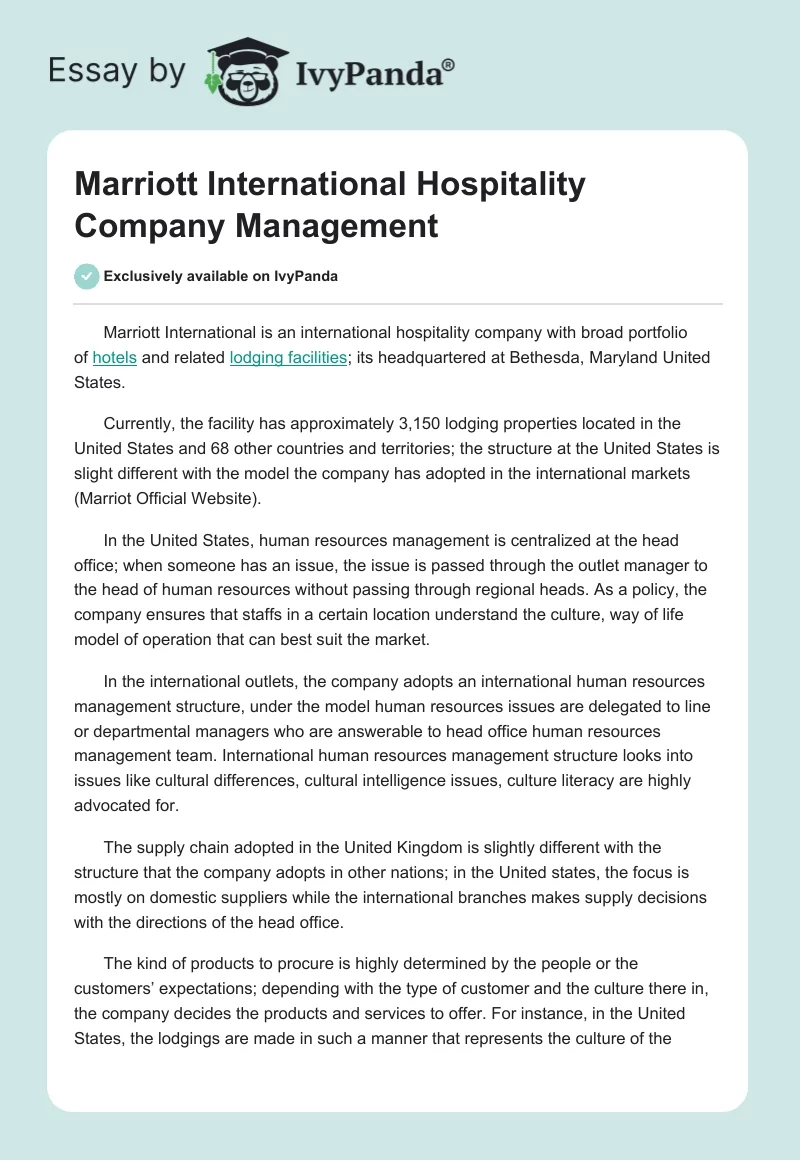 Marriott International Hospitality Company Management. Page 1