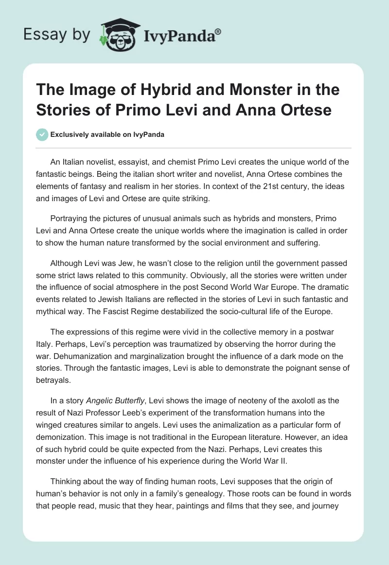 The Image of Hybrid and Monster in the Stories of Primo Levi and Anna Ortese. Page 1