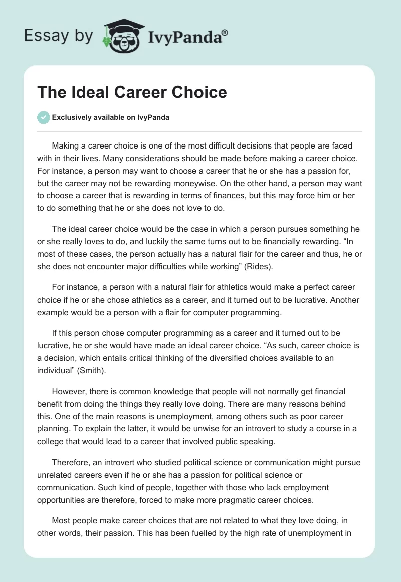 The Ideal Career Choice. Page 1