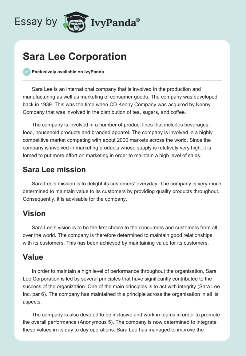 Sara Lee Corporation. Page 1