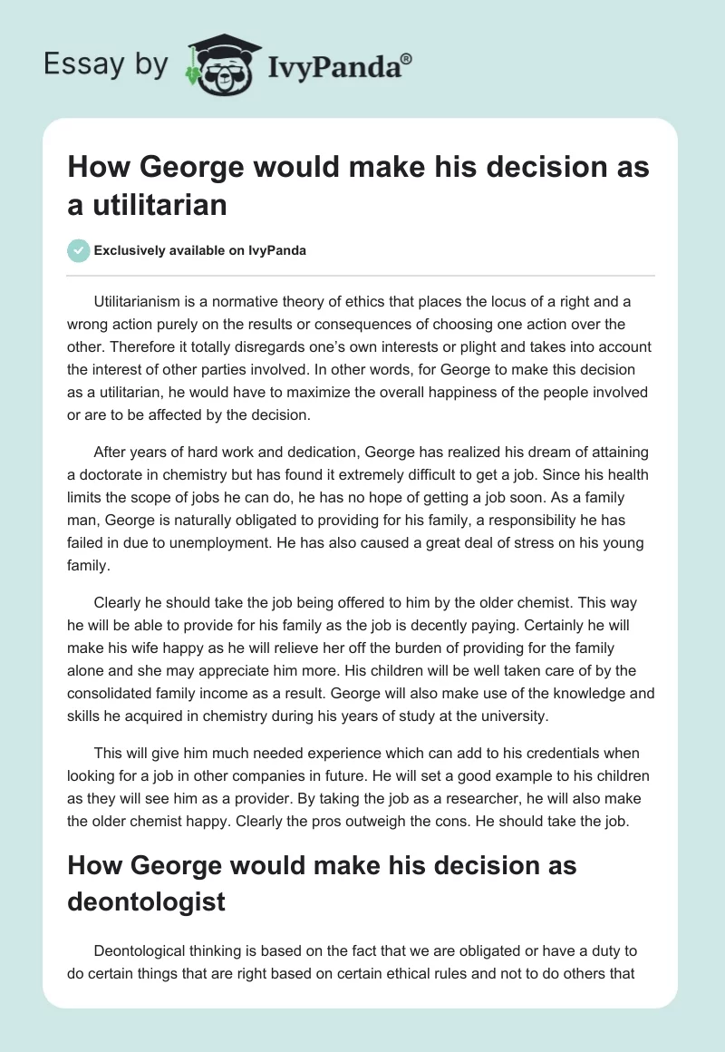 How George would make his decision as a utilitarian. Page 1