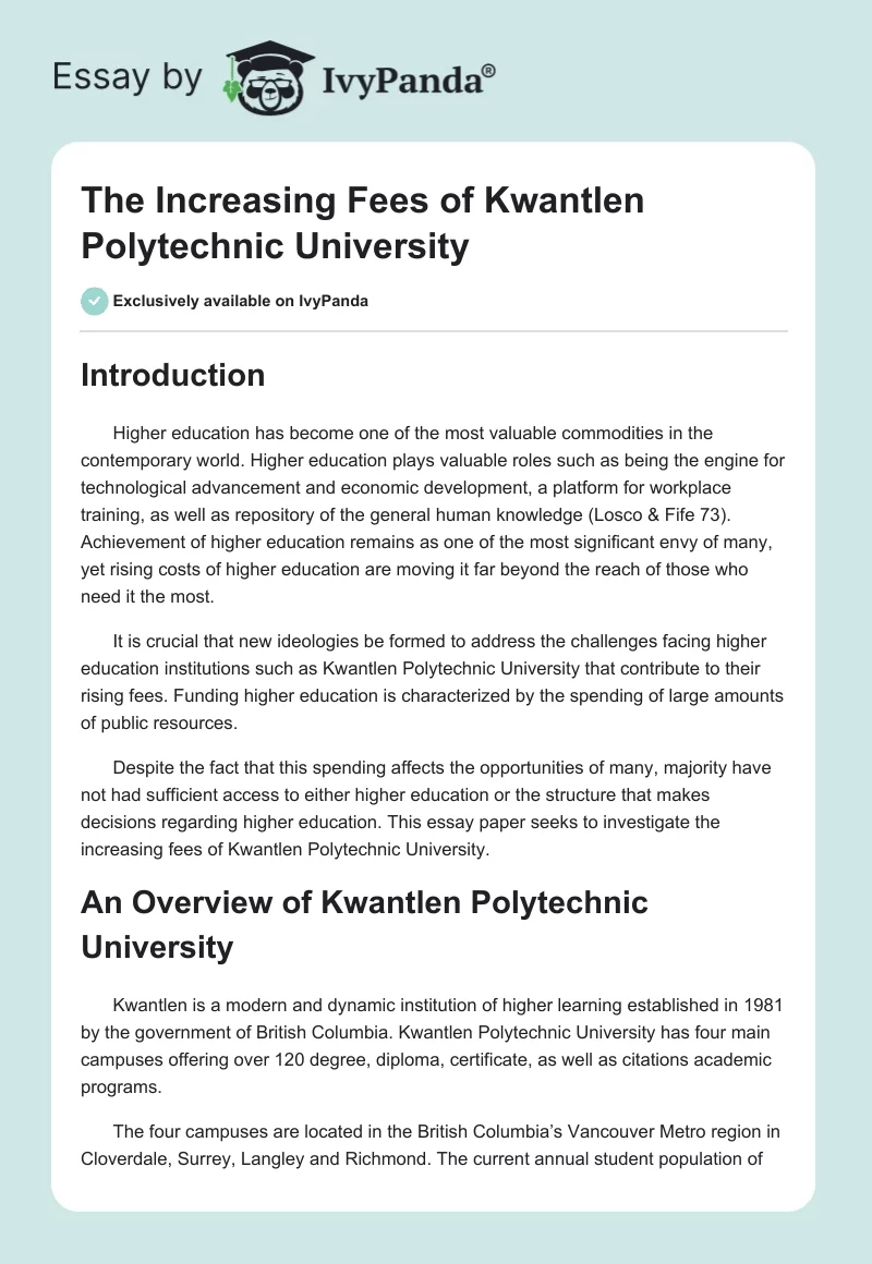The Increasing Fees of Kwantlen Polytechnic University. Page 1